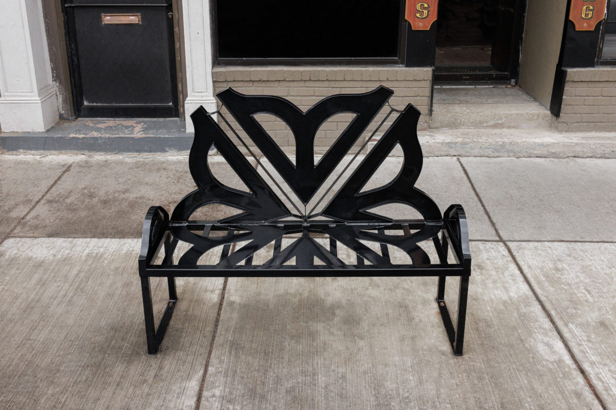 Rochester NY Flower City themed metal bench created by Ironwood Studios Inc in Springwater, NY.